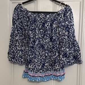 Lilly Pulitzer Nevie Navy and White Off-Shoulder Blouse (Size Medium)